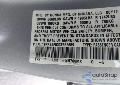 2012 Honda Civic Lx z USA, uszkodzony, nr VIN 19XFB2F53CE362659